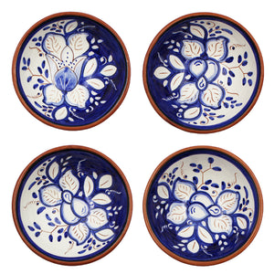 Hand-Painted Portuguese Pottery Clay Terracotta Blue Floral Sauce Bowl Set