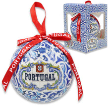 Load image into Gallery viewer, Portugal Christmas Ornament with Blue Azulejo-Style Design and Red Portugal Ribbon
