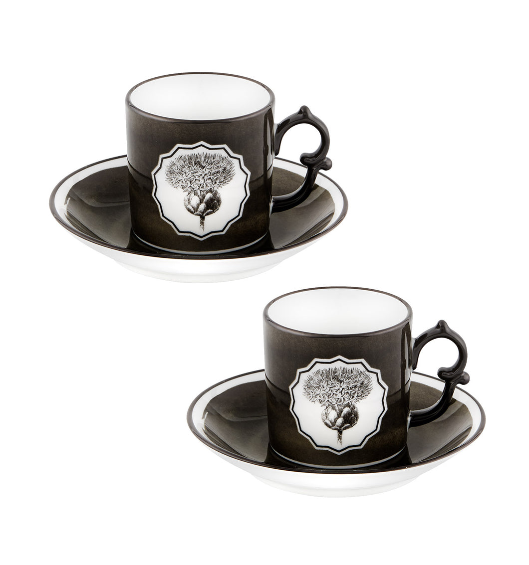 Vista Alegre Herbariae Black Coffee Cups and Saucers, Set of 2