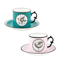 Load image into Gallery viewer, Vista Alegre Herbariae Pink and Peacock Tea Cups and Saucers, Set of 2
