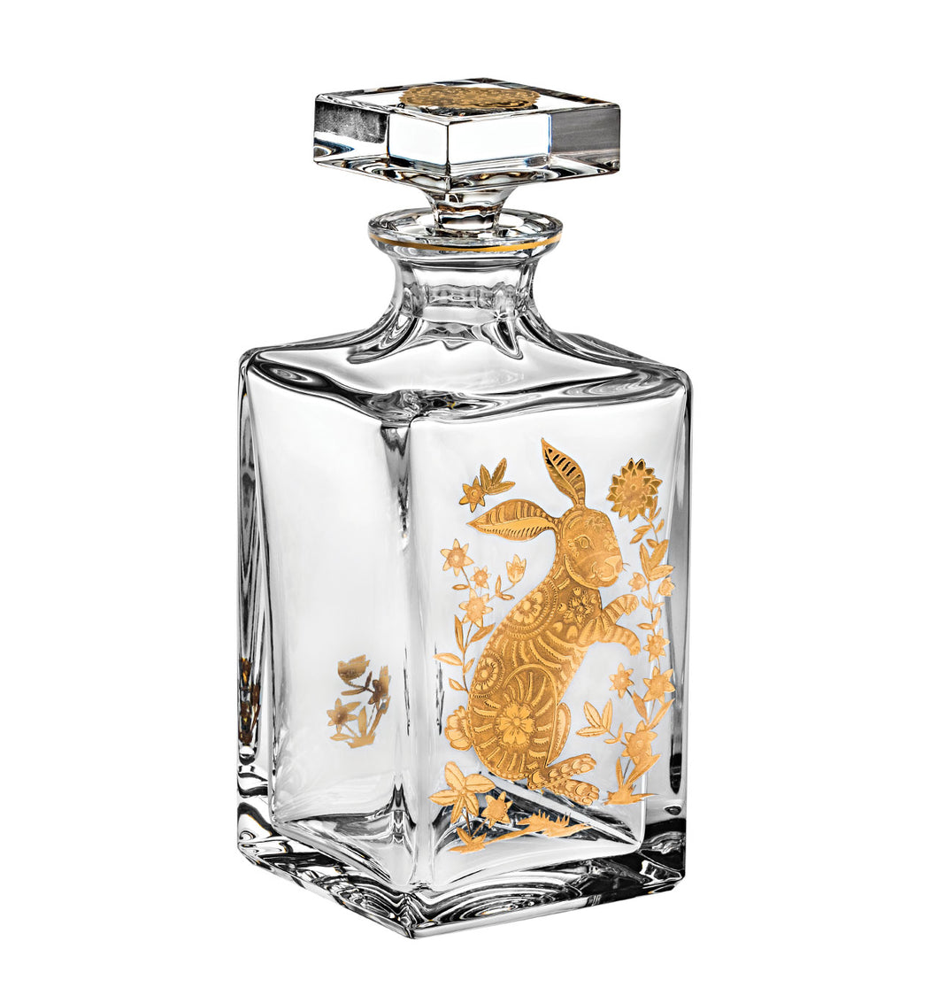 Vista Alegre Crystal Golden Whisky Decanter with Gold Rabbit