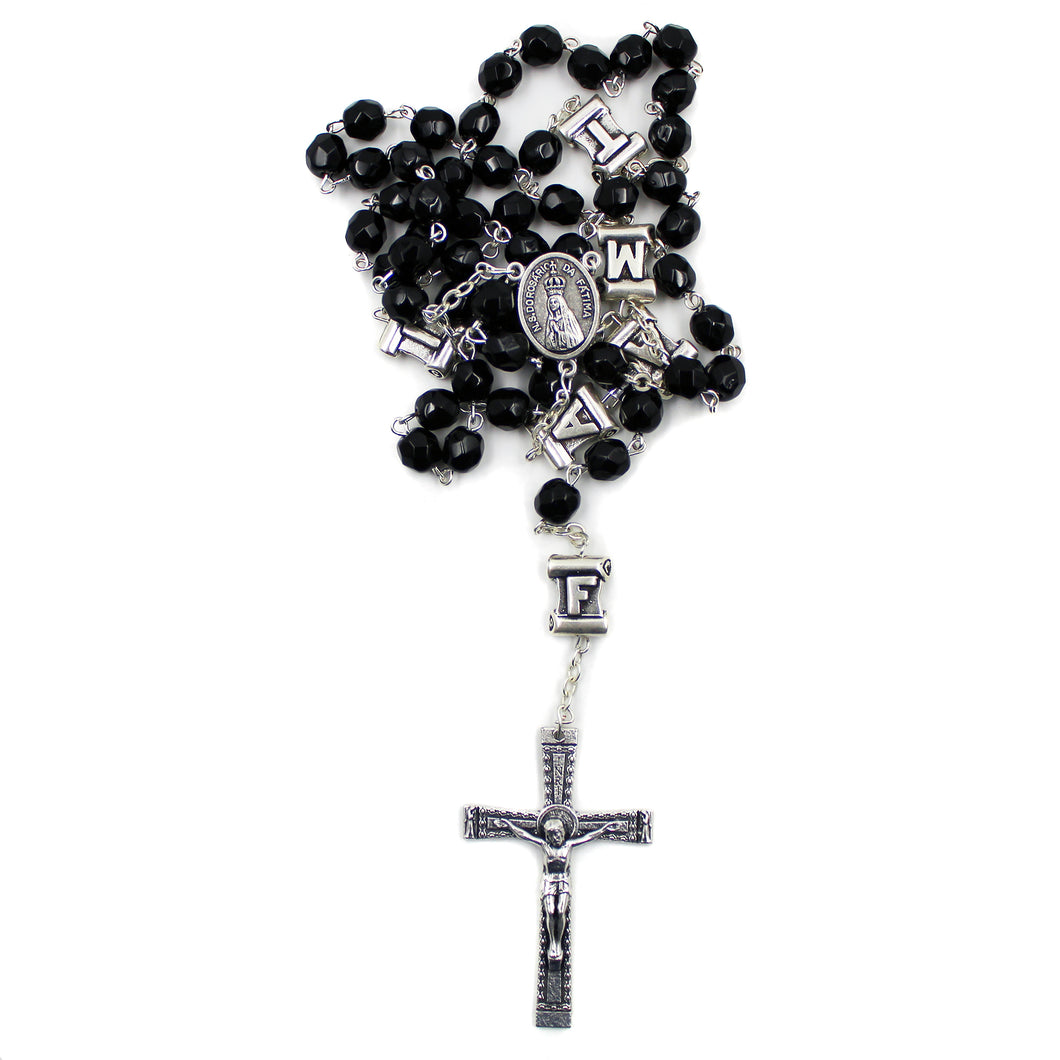 Our Lady of Fatima Black Crystal Rosary with Fatima Letters