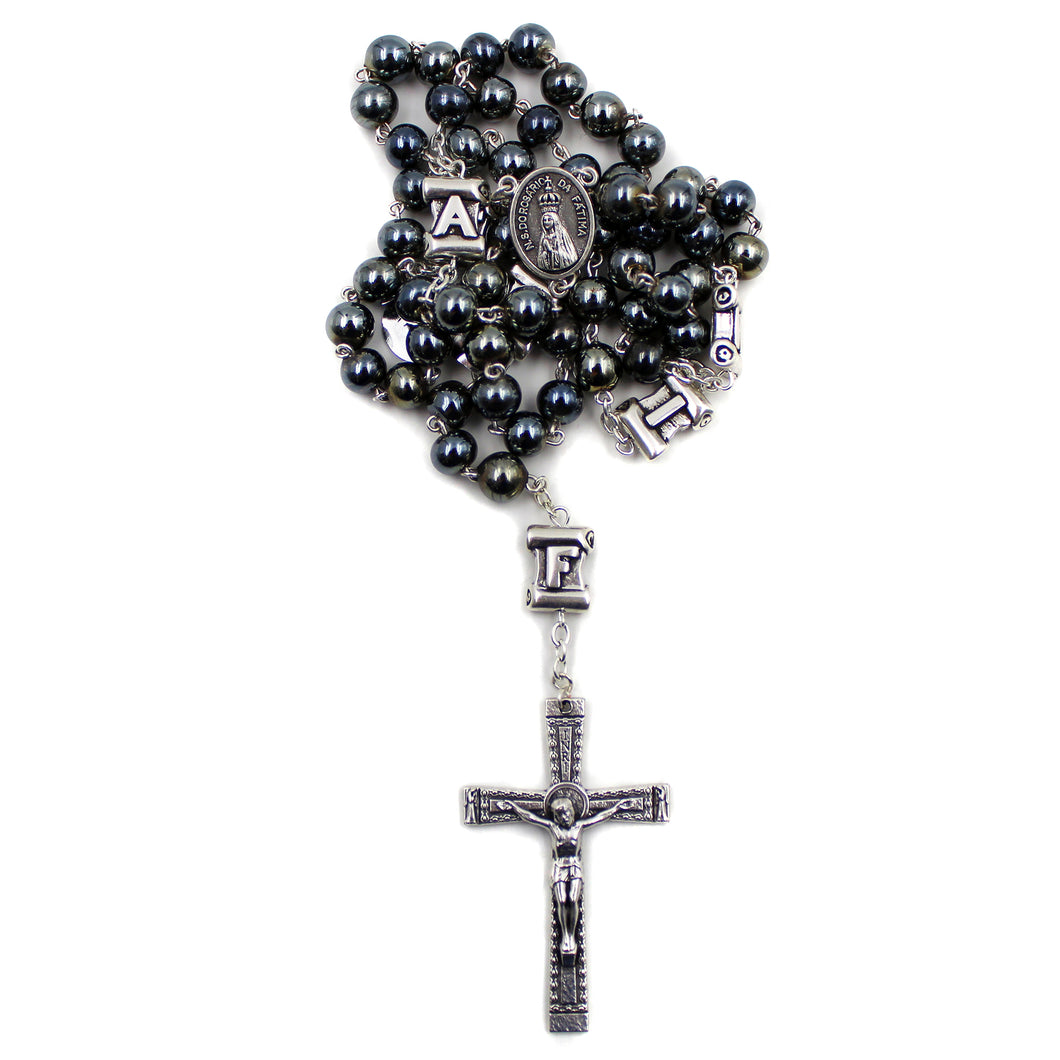Our Lady of Fatima Grey Glass Rosary with Fatima Letters