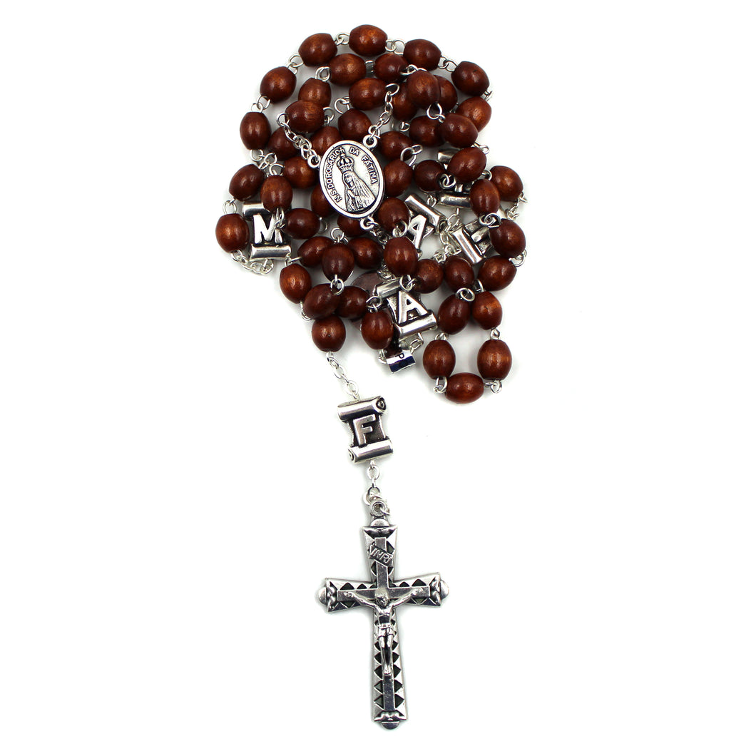 Our Lady of Fatima Brown Wood Rosary with Fatima Letters