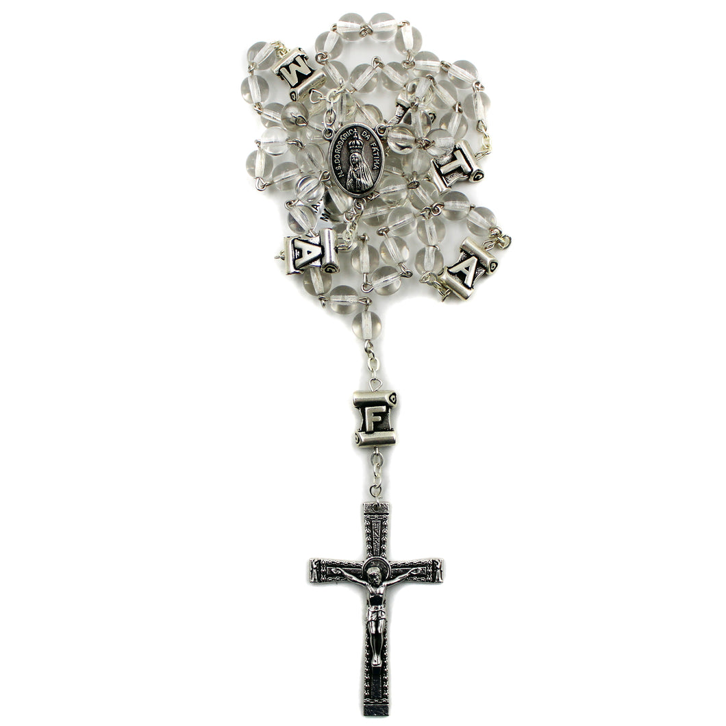 Our Lady of Fatima White Glass Rosary with Fatima Letters