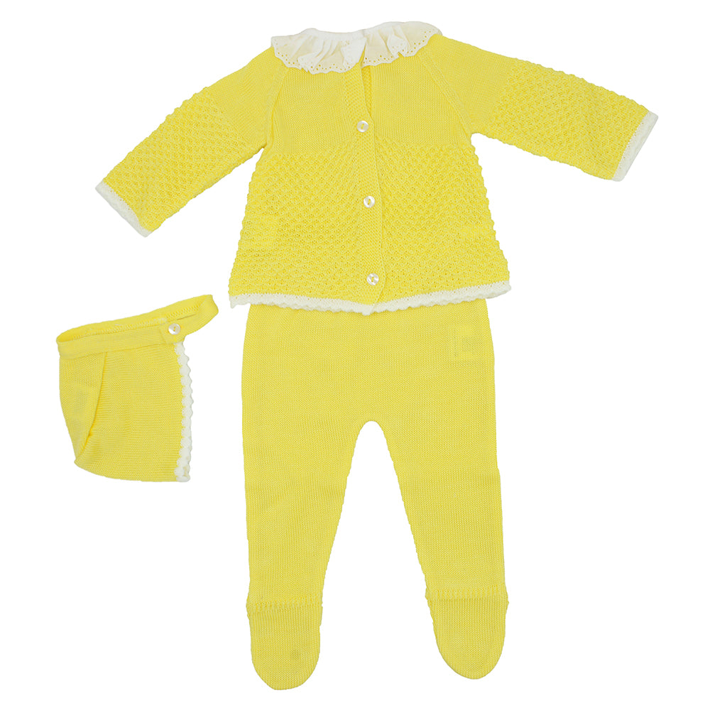 Maiorista Made in Portugal Yellow Newborn Baby Shirt, Footed Pants and Beanie 3-Piece Outfit Set