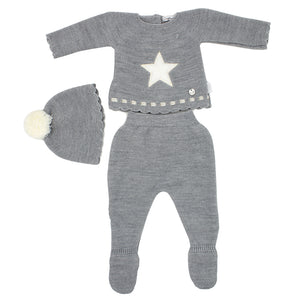 Maiorista Made in Portugal Newborn Baby Grey Shirt, Footed Pants and Beanie 3-Piece Outfit Set