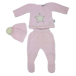 Maiorista Made in Portugal Newborn Baby Pink Shirt, Footed Pants and Beanie 3-Piece Outfit Set