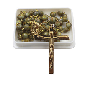Handmade in Portugal Green Glass Beads Golden Our Lady of Fatima Rosary