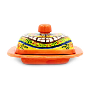 Hand-painted Portuguese Pottery Clay Terracotta Covered Butter Dish