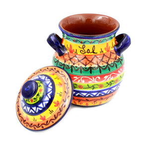 Hand-painted Portuguese Pottery Clay Terracotta Salt Jar With Lid