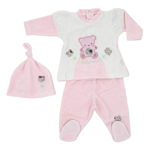Maiorista Made in Portugal Pink Baby Shirt, Footed Pants and Beanie 3-Piece Outfit Set