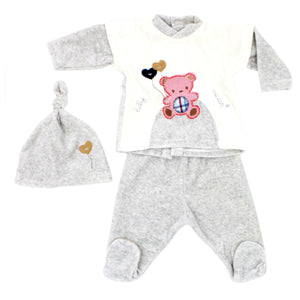 Maiorista Made in Portugal Grey Baby Shirt, Footed Pants and Beanie 3-Piece Outfit Set