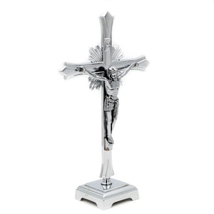 12" Metallic Altar Silver Crucifix With Stand