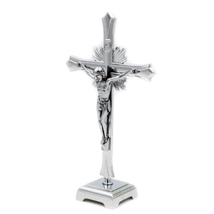 12" Metallic Altar Silver Crucifix With Stand