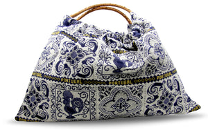 Portuguese Cloth and Wicker Handbag Top Handle Purse, Made In Portugal