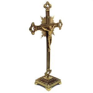 15" Metallic Altar Large Gold Crucifix with Stand