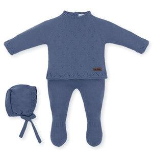 Mac Ilusión Made in Spain Baby DK Blue Shirt, Footed Pants and Beanie 3-Piece Set