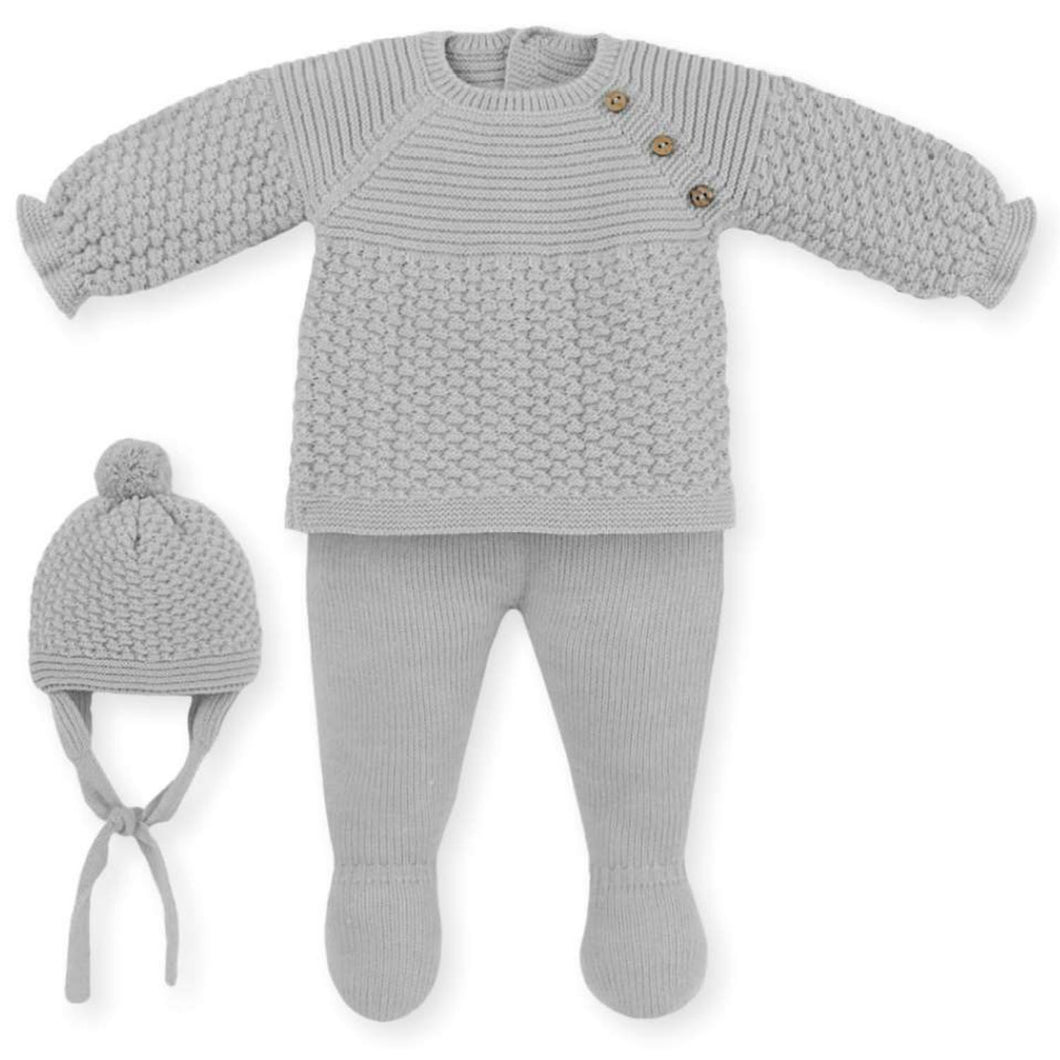 Mac Ilusión Made in Spain Baby Gray Shirt, Footed Pants and Beanie 3-Piece Set