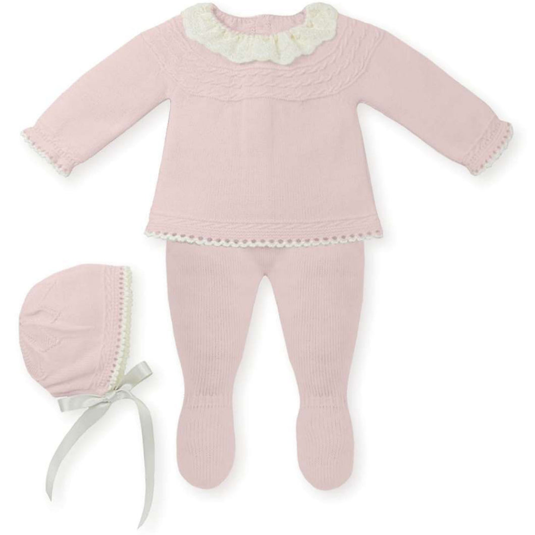 Mac Ilusión Made in Spain Baby Pink Shirt, Footed Pants and Beanie 3-Piece Set