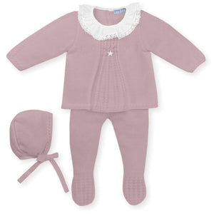Mac Ilusión Made in Spain Baby Mauve Shirt, Footed Pants and Beanie 3-Piece Set