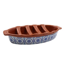 Load image into Gallery viewer, Portuguese Clay Terracotta Sausage Roaster with Blue Tile Design
