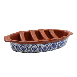 Portuguese Clay Terracotta Sausage Roaster with Blue Tile Design