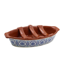 Load image into Gallery viewer, Portuguese Clay Terracotta Sausage Roaster with Blue Tile Design
