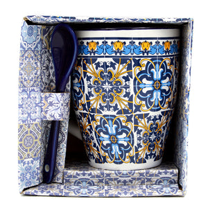 Portuguese Ceramic Coffee Mug With Spoon, Souvenir From Portugal