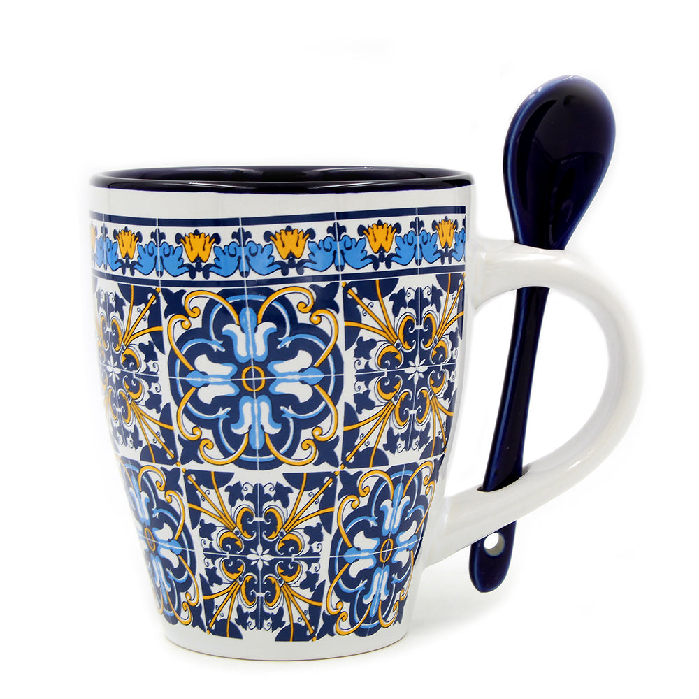 Portuguese Ceramic Coffee Mug With Spoon, Souvenir From Portugal