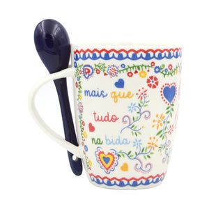 Portuguese Ceramic Coffee Mug With Spoon Souvenir From Portugal