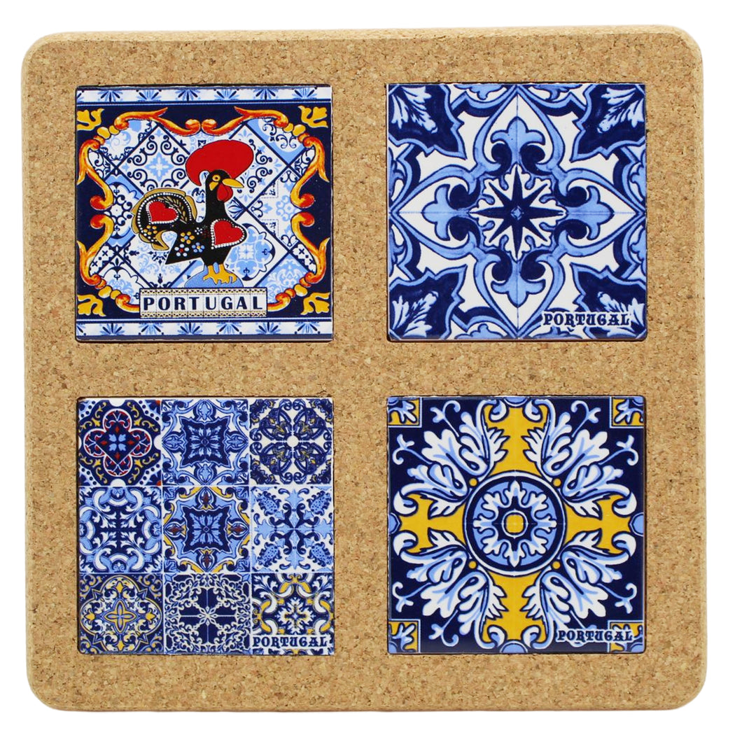Portugal Good Luck Rooster and Tile Azulejo Themed Natural Cork Trivet