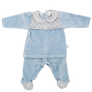 Maiorista Made in Portugal Baby Blue Plaid Shirt and Footed Pants 2-Piece Set