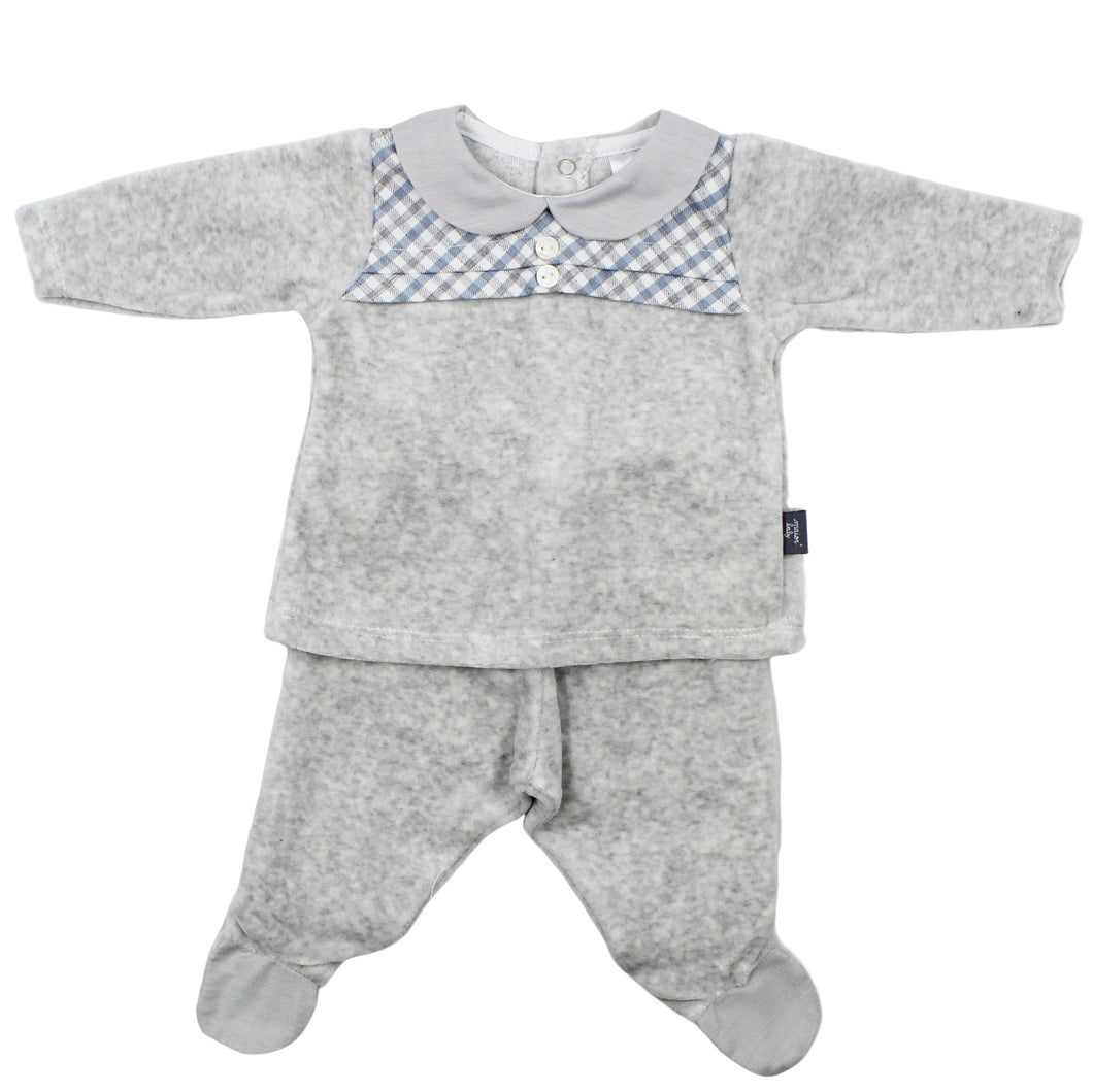 Maiorista Made in Portugal Baby Grey Plaid Shirt and Footed Pants 2-Piece Set