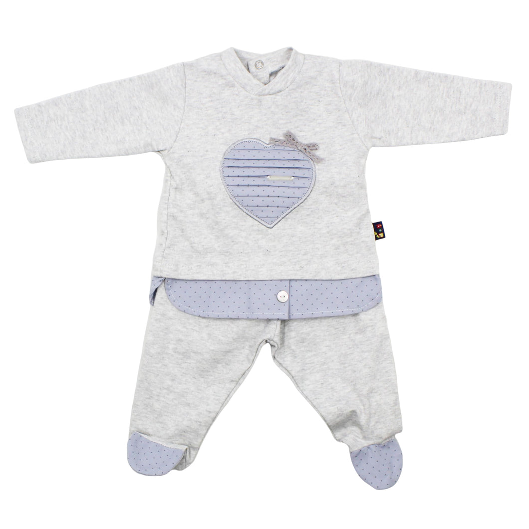Maiorista Made in Portugal Baby Grey Heart Shirt and Footed Pants 2-Piece Set