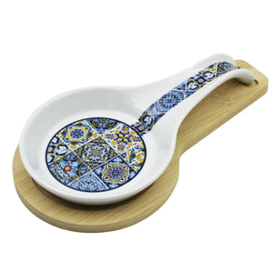 Portugal Tile Azulejo Themed Spoon Rest with Wooden Base - Various Colors