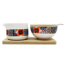 Load image into Gallery viewer, Portugal Tile Azulejo Sugar Bowl &amp; Creamer Set with Wooden Base - Various Colors
