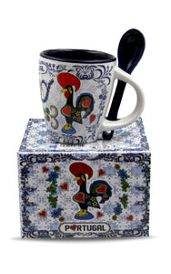 Portuguese Ceramic Rooster Espresso Cup With Spoon Souvenir From Portugal