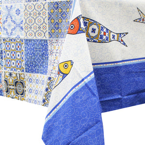 50% Cotton and Polyester Felular Regional Portuguese with Blue Multicolor Tile Pattern Made in Portugal Tablecloth
