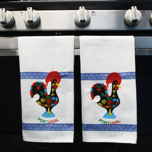 100% Cotton Embroidered Portuguese Good Luck Rooster Decorative Kitchen Dish Towel - Set of 2