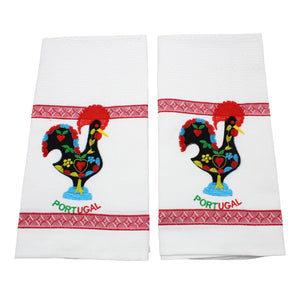 100% Cotton Embroidered Portuguese Good Luck Rooster Decorative Kitchen Dish Towel - Set of 2