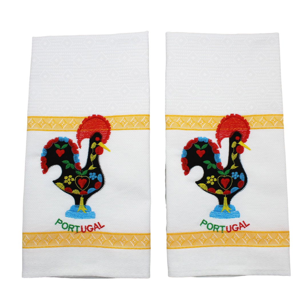 100% Cotton Embroidered Portuguese Good Luck Rooster Decorative Kitchen Dish Towel - Set of 2