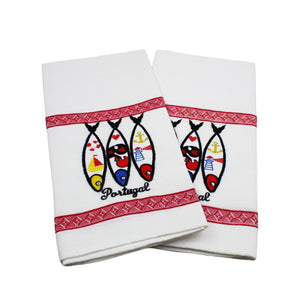 100% Cotton Embroidered Portuguese Sardine Decorative Kitchen Dish Towel - Set of 2