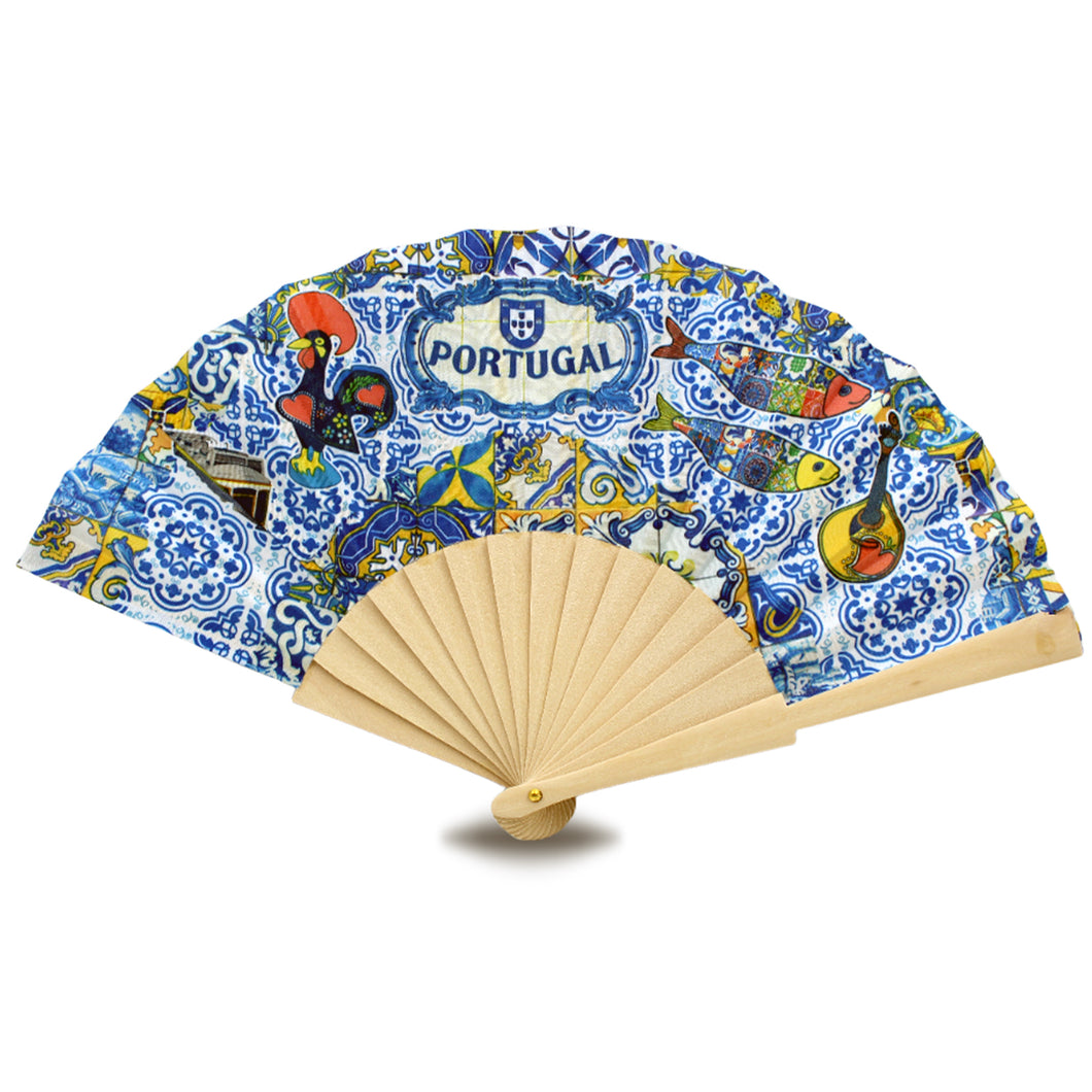 Rooster and Sardines Blue Tile Azulejo Portugal Folding Hand Fan