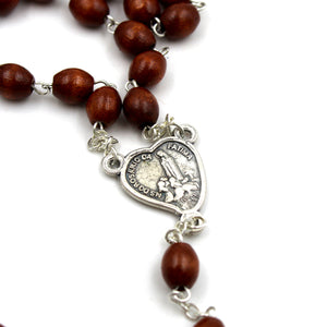 Our Lady of Fatima Wooden Brown Beads with Heart Medallion Rosary