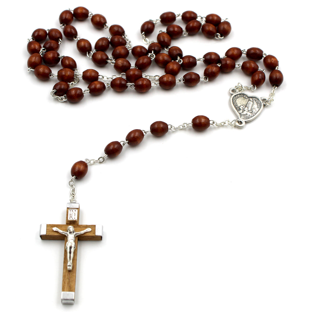 Our Lady of Fatima Wooden Brown Beads with Heart Medallion Rosary