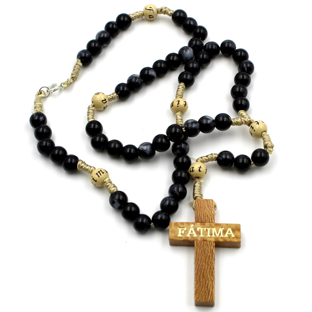 Our Lady of Fatima Black Glass Rosary/Necklace on Rope with Wooden Beads