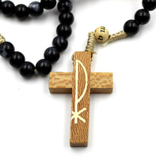 Load image into Gallery viewer, Our Lady of Fatima Black Glass Rosary/Necklace on Rope with Wooden Beads
