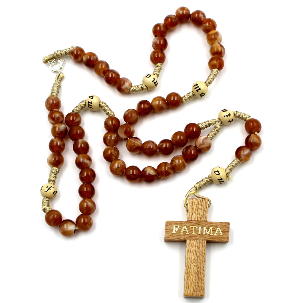 Our Lady of Fatima Honey Glass Rosary/Necklace on Rope with Wooden Beads