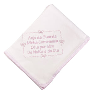 Portuguese Embroidered Pink Baby Burp Cloth "Anjo da Guarda, Minha Companhia..."